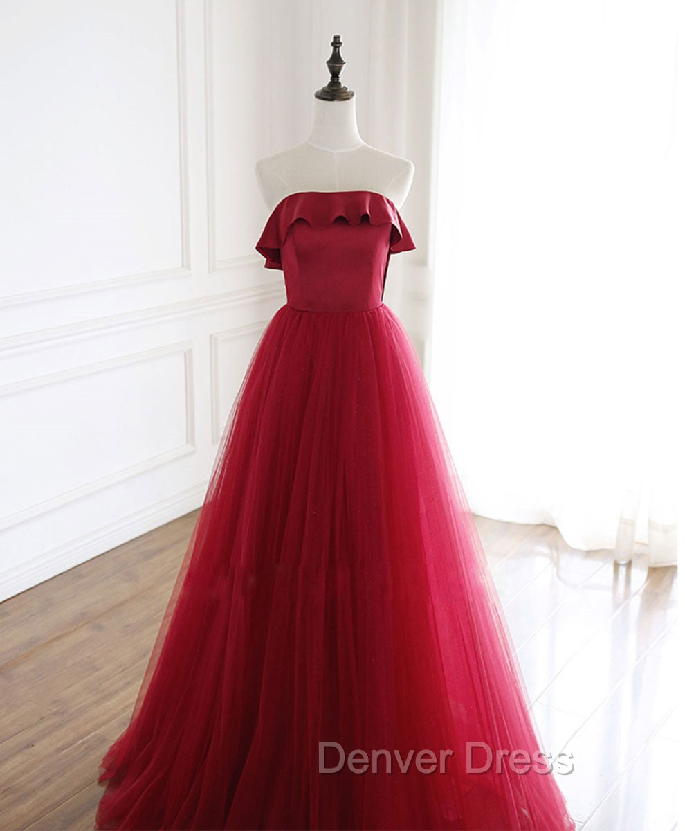 Burgundy Tulle Long Prom Dresses, A line Burgundy Formal Party Dresses Main image