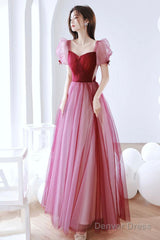 Burgundy Tulle Long Prom Dress, A-Line Short Sleeves Evening Dress