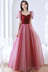 Burgundy Tulle Long Prom Dress, A-Line Short Sleeves Evening Dress