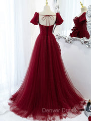 Burgundy Tulle Long Prom Dresses, Burgundy Tulle Evening Dresses