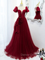 Burgundy Tulle Long Prom Dresses, Burgundy Tulle Evening Dresses