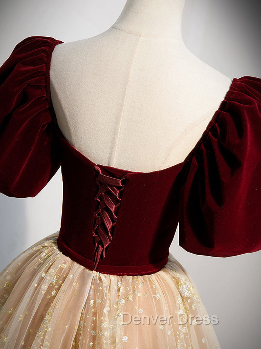 Burgundy Tulle Long Prom Dresses, Burgundy Tulle Formal Dresses