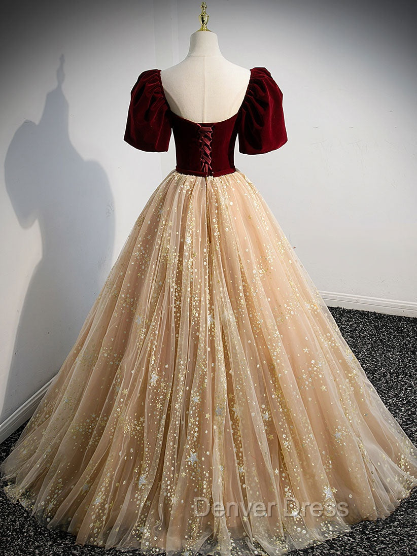 Burgundy Tulle Long Prom Dresses, Burgundy Tulle Formal Dresses