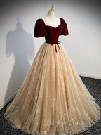 Burgundy Tulle Long Prom Dresses, Burgundy Tulle Formal Dresses