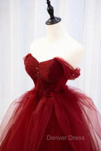 Burgundy Tulle Long Prom Dress with Beaded, Burgundy Off Shoulder Prom Dresses