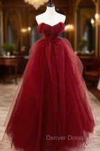 Burgundy Tulle Long Prom Dress with Beaded, Burgundy Off Shoulder Prom Dresses