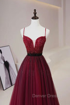 Burgundy Tulle Long Prom Dresses with Beaded, Spaghetti Straps Evening Dresses