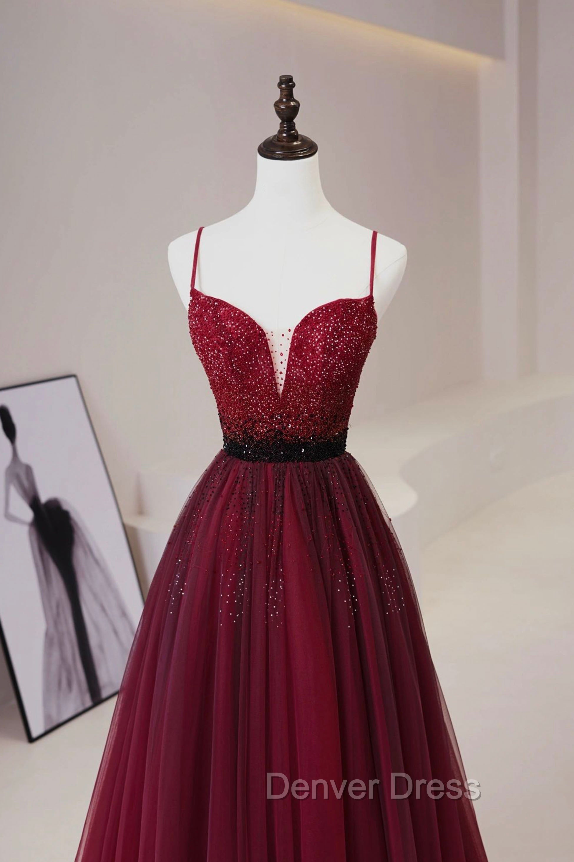 Burgundy Tulle Long Prom Dresses with Beaded, Spaghetti Straps Evening Dresses