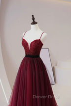 Burgundy Tulle Long Prom Dress with Beaded, Spaghetti Straps Prom Dresses
