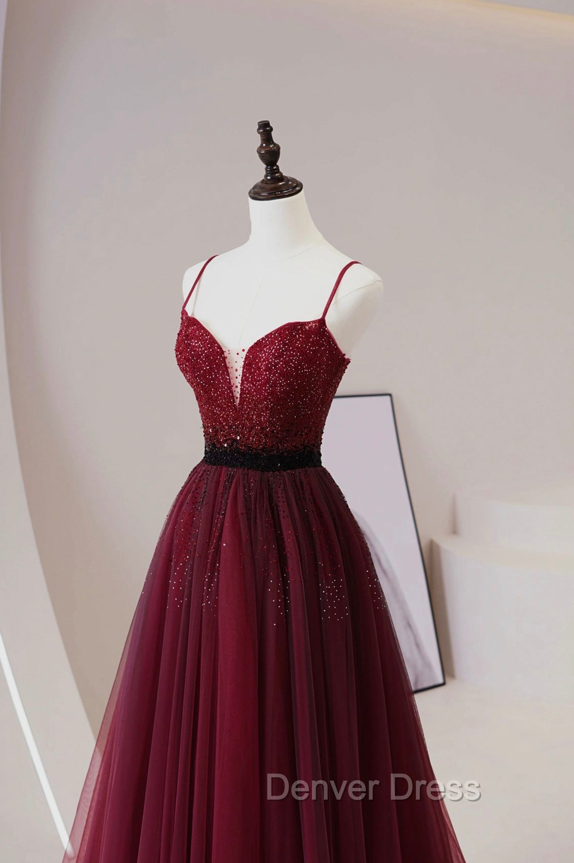 Burgundy Tulle Long Prom Dress with Beaded, Spaghetti Straps Prom Dresses