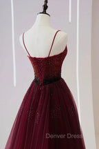 Burgundy Tulle Long Prom Dress with Beaded, Spaghetti Straps Prom Dresses
