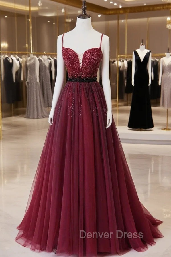 Burgundy Tulle Long Prom Dresses with Beaded, Spaghetti Straps Evening Dresses Main image