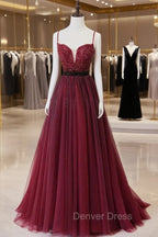 Burgundy Tulle Long Prom Dresses with Beaded, Spaghetti Straps Evening Dresses