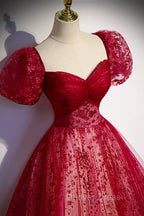 Burgundy Tulle Long Prom Dress with Sequins, A Line Short Sleeve Prom Dresses