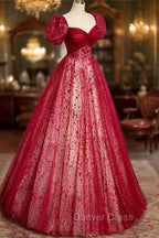 Burgundy Tulle Long Prom Dress with Sequins, A Line Short Sleeve Prom Dresses