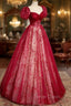 Burgundy Tulle Long Prom Dress with Sequins, A Line Short Sleeve Prom Dresses