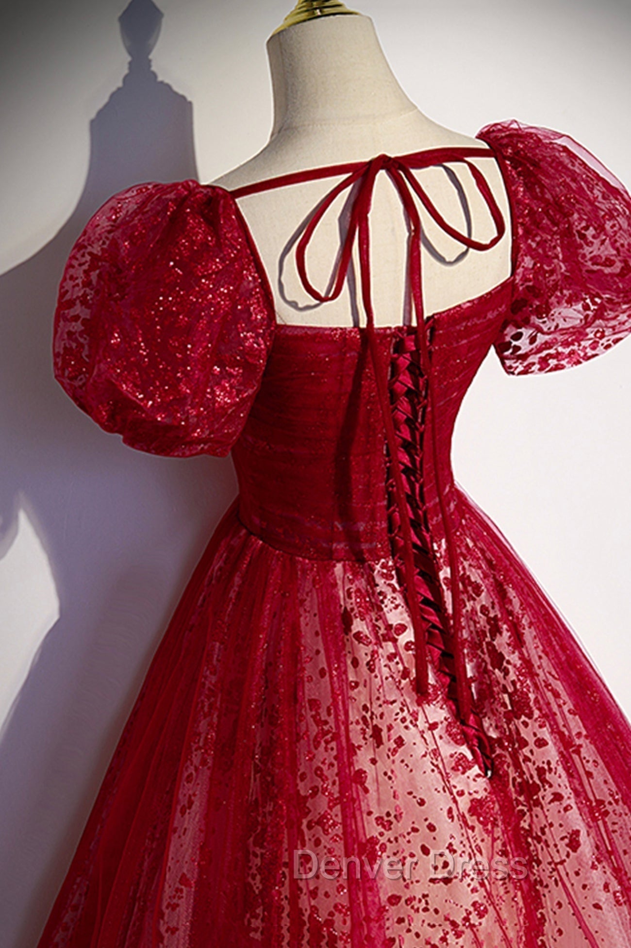Burgundy Tulle Long Prom Dress with Sequins, A Line Short Sleeve Prom Dresses