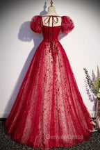 Burgundy Tulle Long Prom Dress with Sequins, A Line Short Sleeve Prom Dresses