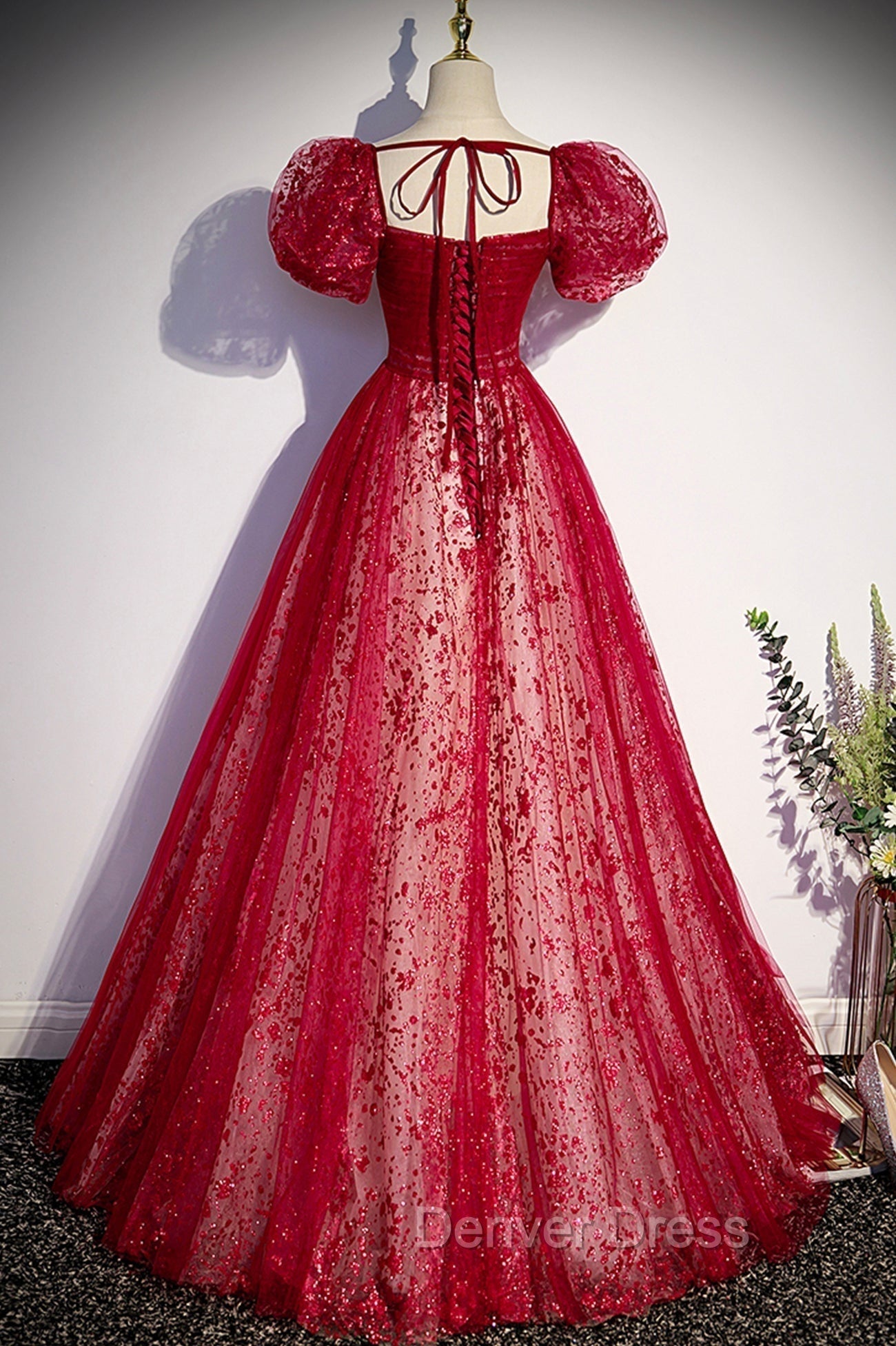 Burgundy Tulle Long Prom Dress with Sequins, A Line Short Sleeve Prom Dresses