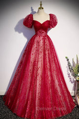 Burgundy Tulle Long Prom Dresses with Sequins, A-Line Short Sleeve Evening Dresses