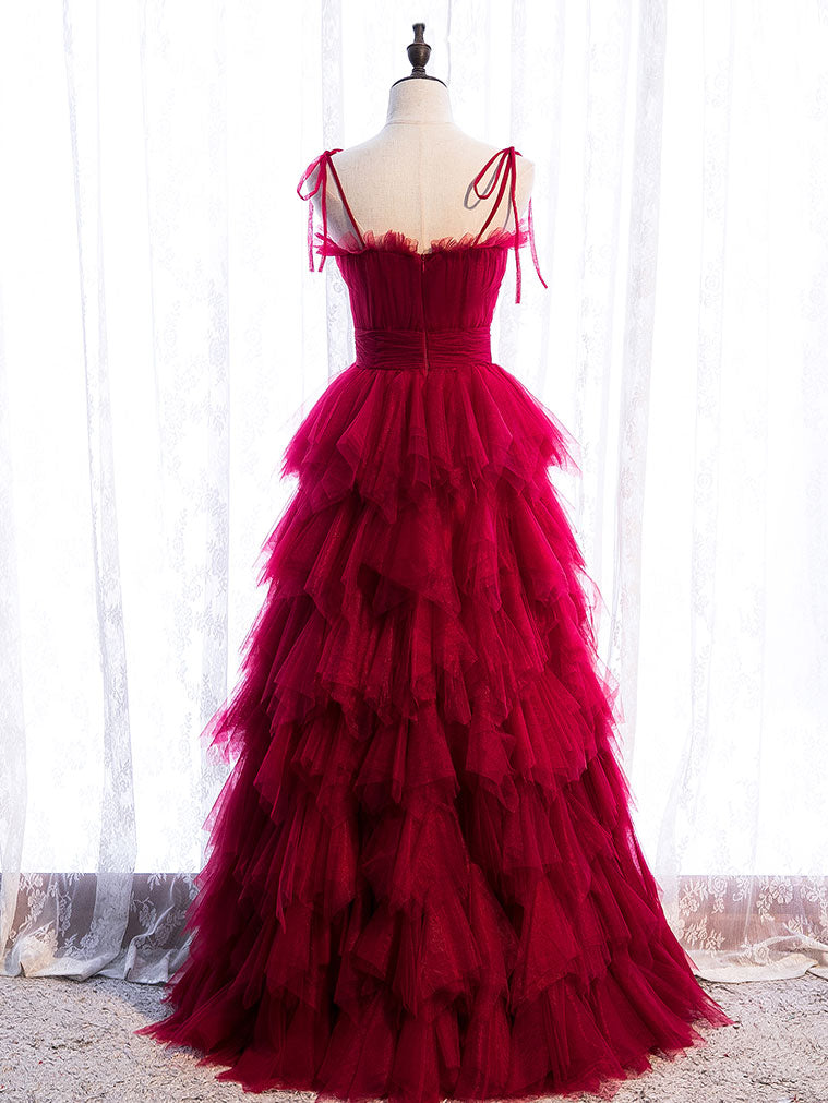 Burgundy Tulle Long Prom Dresses, Burgundy Formal Graduation Dresses