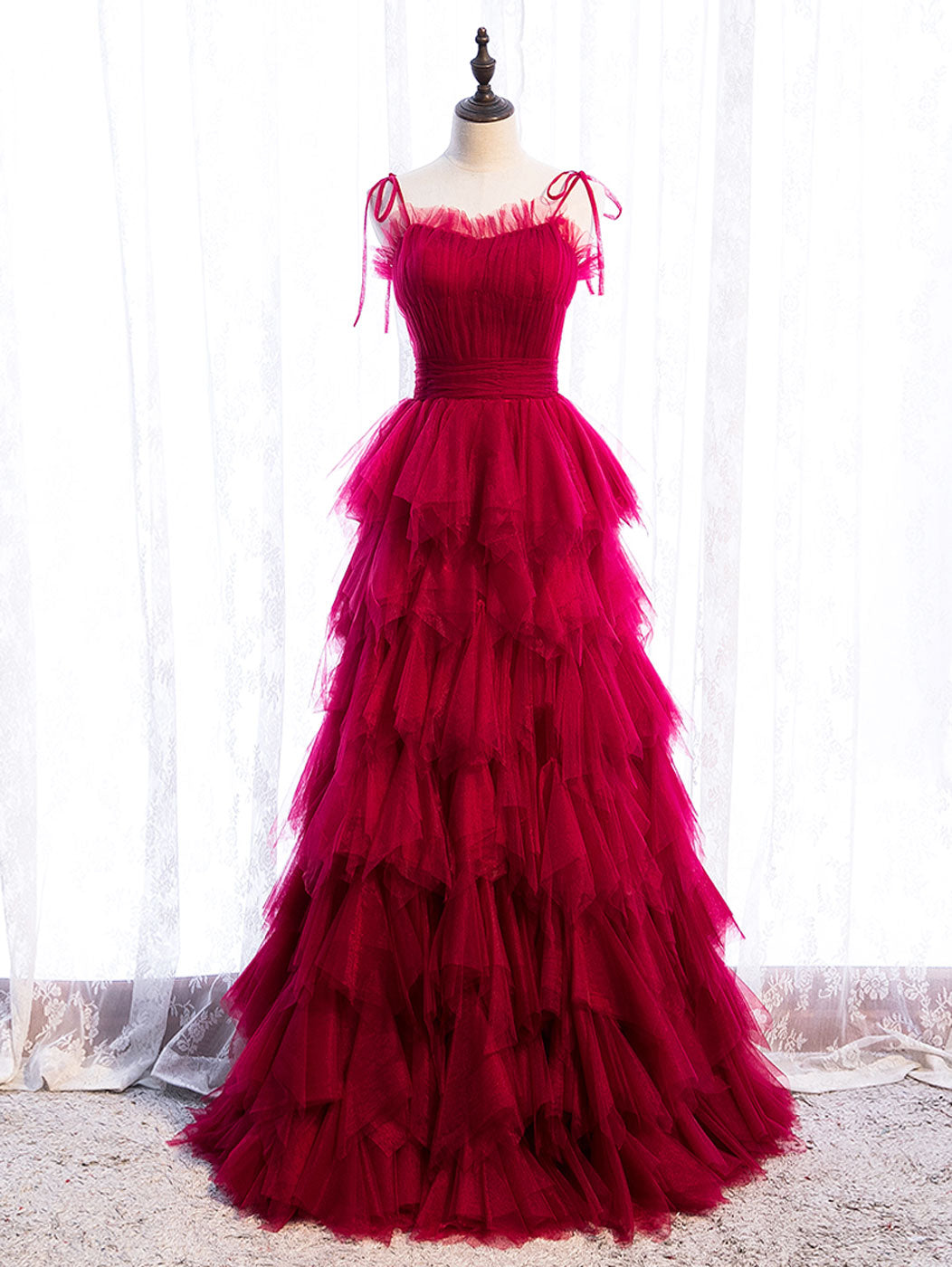 Burgundy Tulle Long Prom Dresses, Burgundy Formal Graduation Dresses