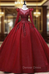 Burgundy Tulle Long Sleeve Beading Quinceanera Dresses