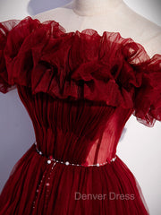Burgundy Tulle Off Shoulder Long Prom Dresses, Burgundy Evening Dresses