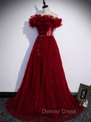 Burgundy Tulle Off Shoulder Long Prom Dresses, Burgundy Evening Dresses
