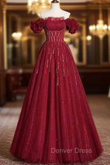 Burgundy Tulle Off the Shoulder Beading Pleats Prom Dresses