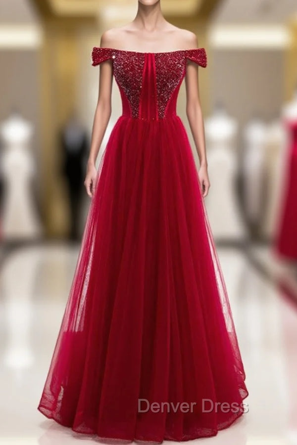 Burgundy Tulle Off the Shoulder Beading Prom Dresses