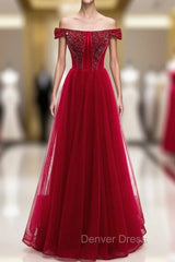 Burgundy Tulle Off the Shoulder Beading Prom Dresses