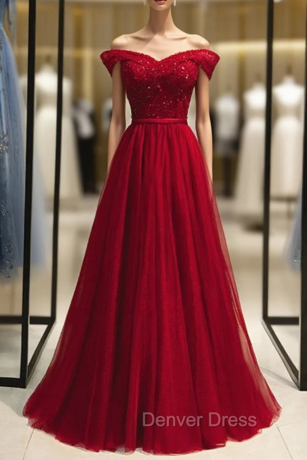 Burgundy Tulle Off the Shoulder Beading Prom Dresses