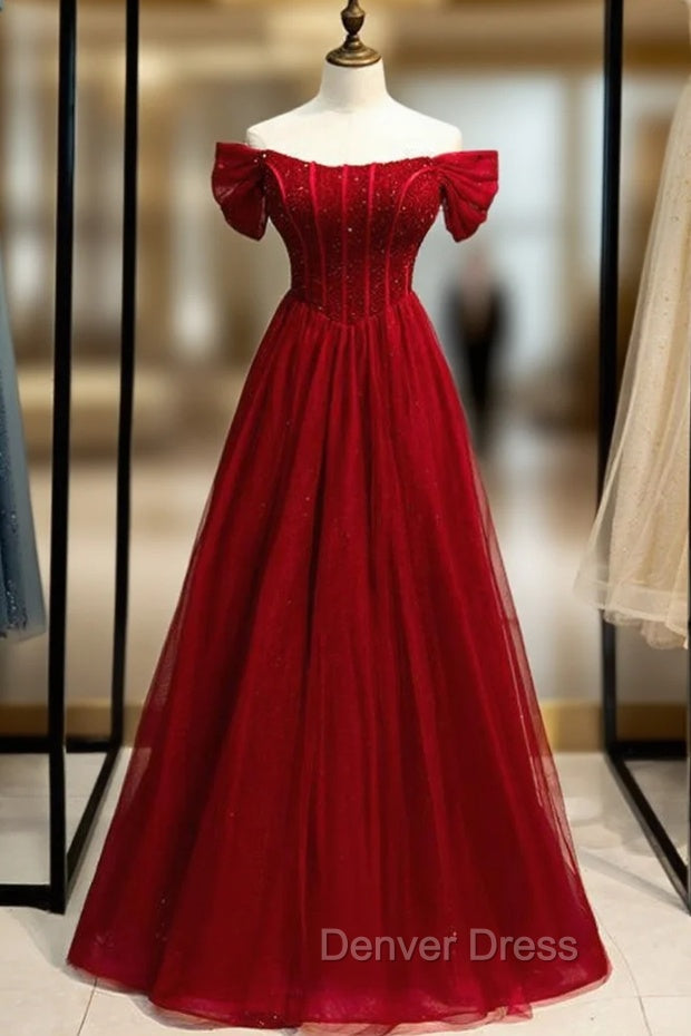 Burgundy Tulle Off the Shoulder Beading Sequins Prom Dresses