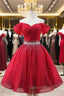 Burgundy Tulle Off the Shoulder Pleats Beading Homecoming Dresses