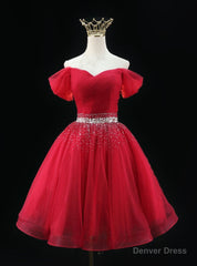 Burgundy Tulle Off the Shoulder Pleats Beading Homecoming Dress