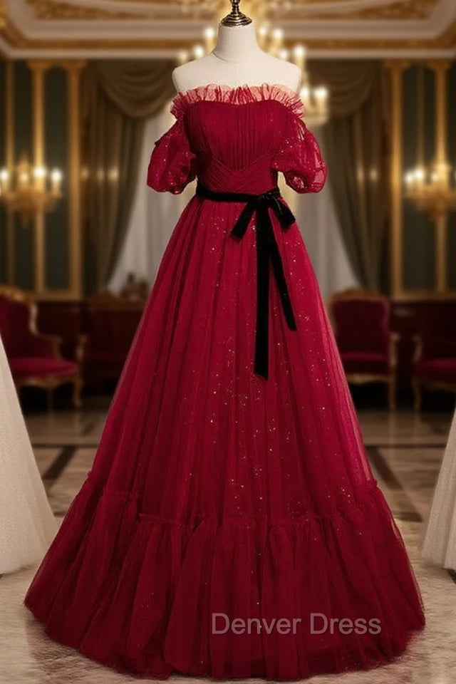 Burgundy Tulle Off the Shoulder Pleats Puff Sleeve Prom Dresses
