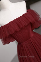 Burgundy Tulle Off the Shoulder Prom Dress, Long A Line Prom Dresses