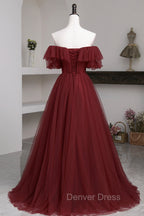 Burgundy Tulle Off the Shoulder Prom Dress, Long A Line Prom Dresses
