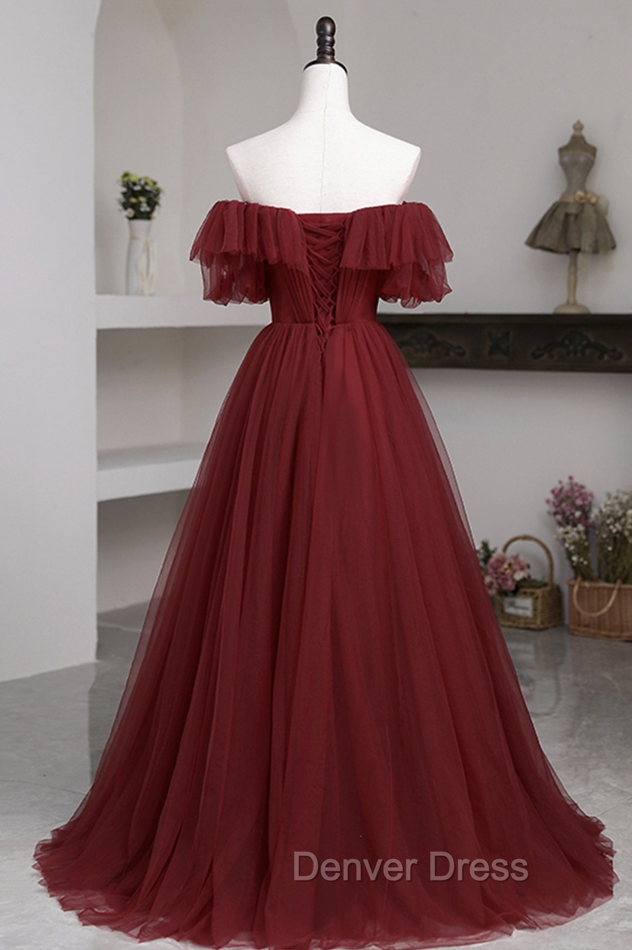 Burgundy Tulle Off the Shoulder Prom Dress, Long A Line Prom Dresses