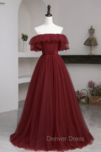 Burgundy Tulle Off the Shoulder Prom Dress, Long A Line Prom Dresses