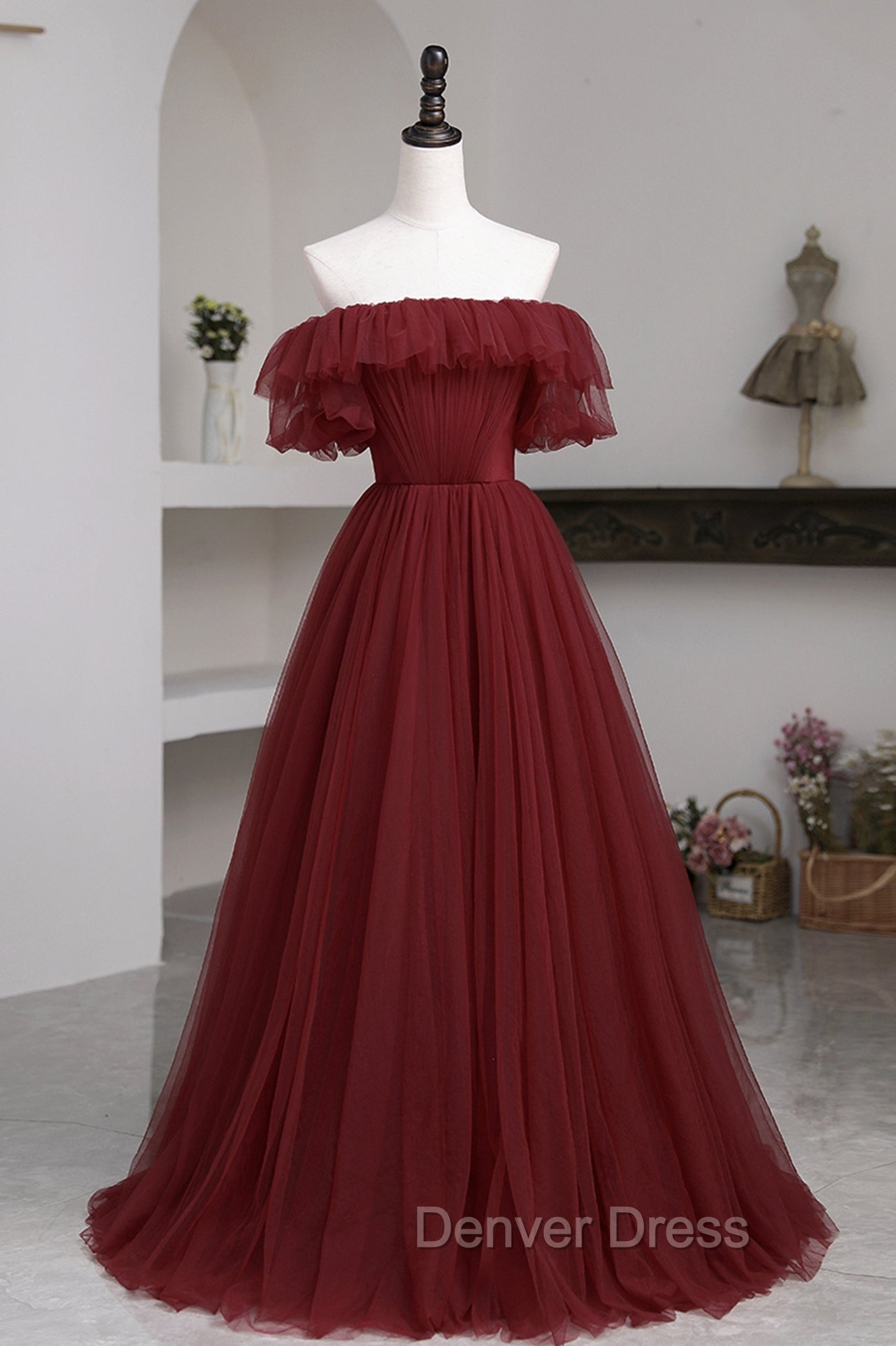 Burgundy Tulle Off the Shoulder Prom Dress, Long A Line Prom Dresses