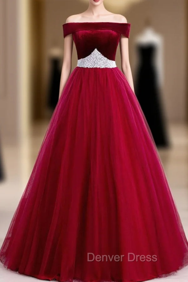 Burgundy Tulle Off the Shoulder Prom Dresses With Pearls 2026