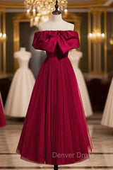 Burgundy Tulle Off the Shoulder Prom Dresses