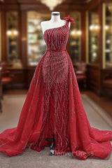 Burgundy Tulle One Shoulder Beading Prom Dresses