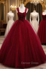 Burgundy Tulle Pleats Besing Sequins Prom Dresses