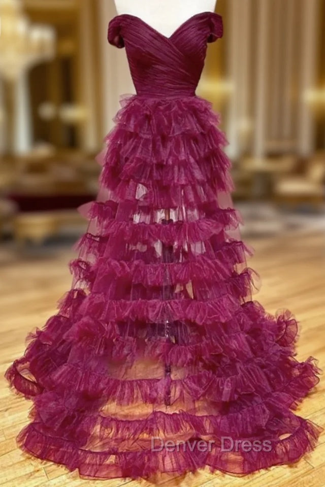 Burgundy Tulle Pleats Off the Shoulder Prom Dresses