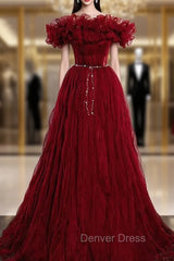 Burgundy Tulle Pleats Off the Shoulder prom Dresses