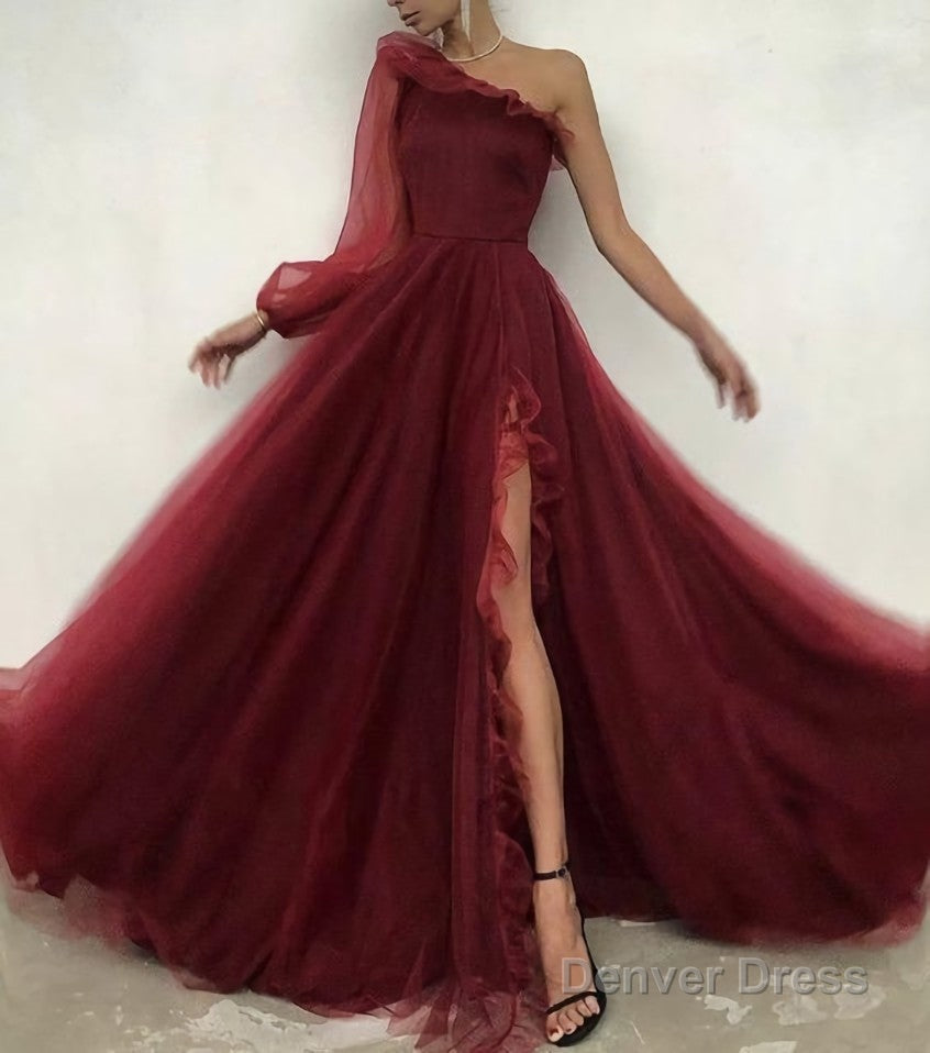 Burgundy tulle prom Dress one shoulder Prom Dresses Main image