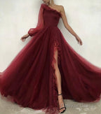 Burgundy tulle prom Dress one shoulder Prom Dresses